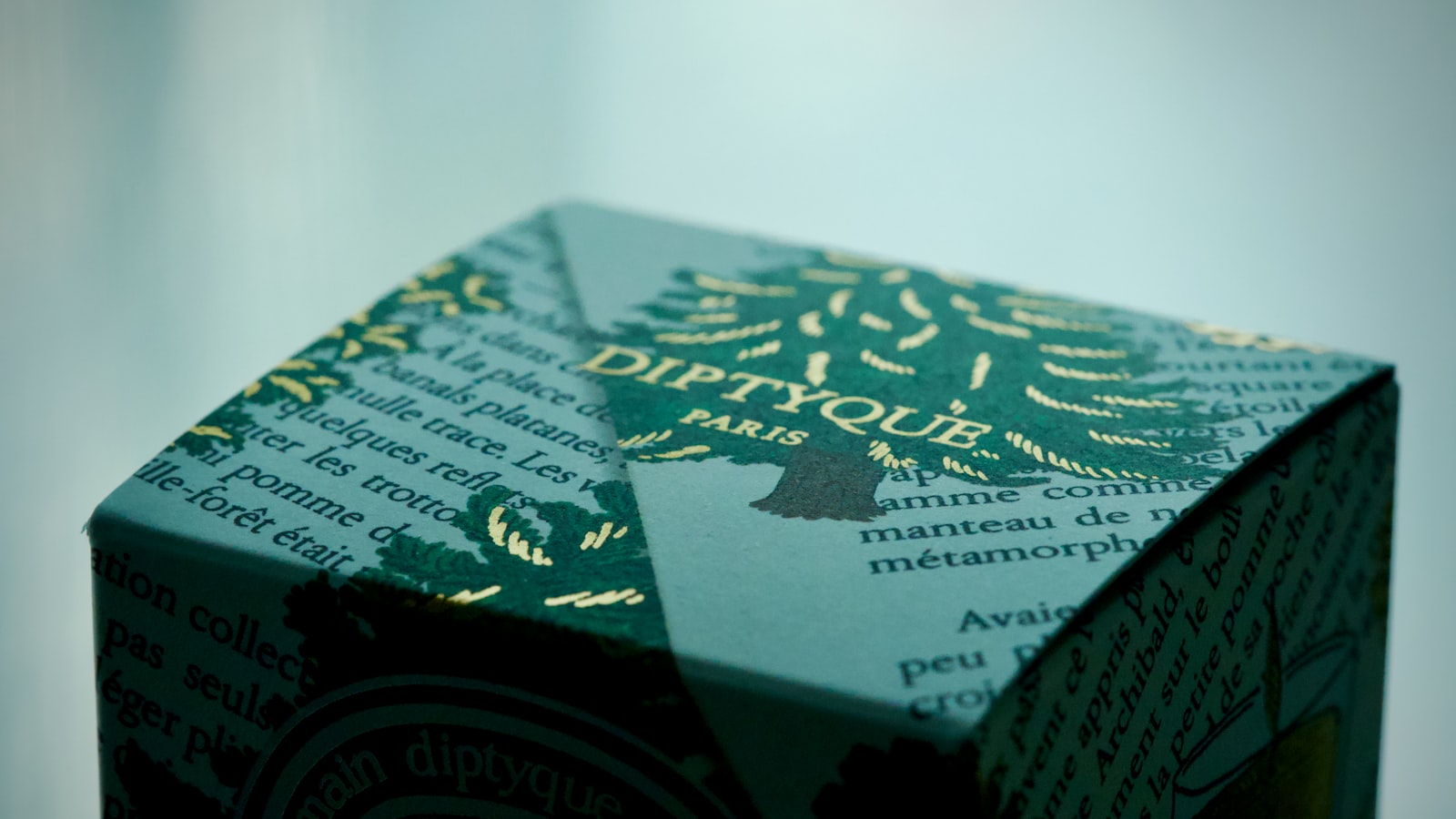 Diptyque paris product packaging with gold lettering.